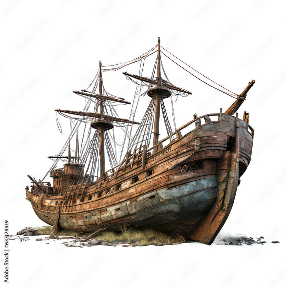 Fototapeta premium Old shipwreck isolated on white created with Generative AI
