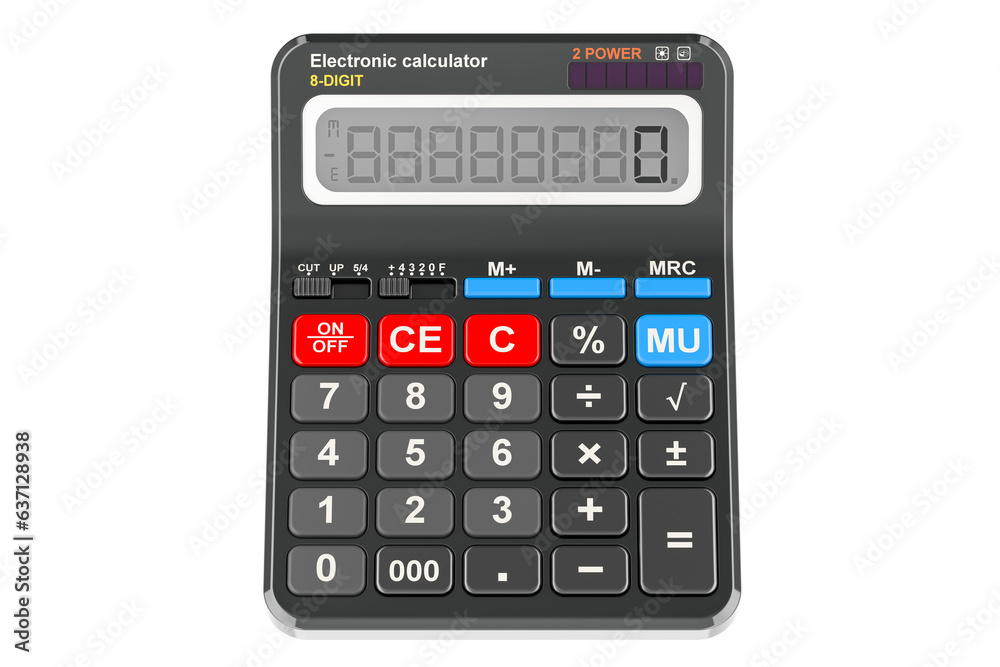 Electronic pocket calculator, front view. 3D rendering isolated on transparent background Electronic pocket calculator, front view. 3D rendering isolated on transparent background