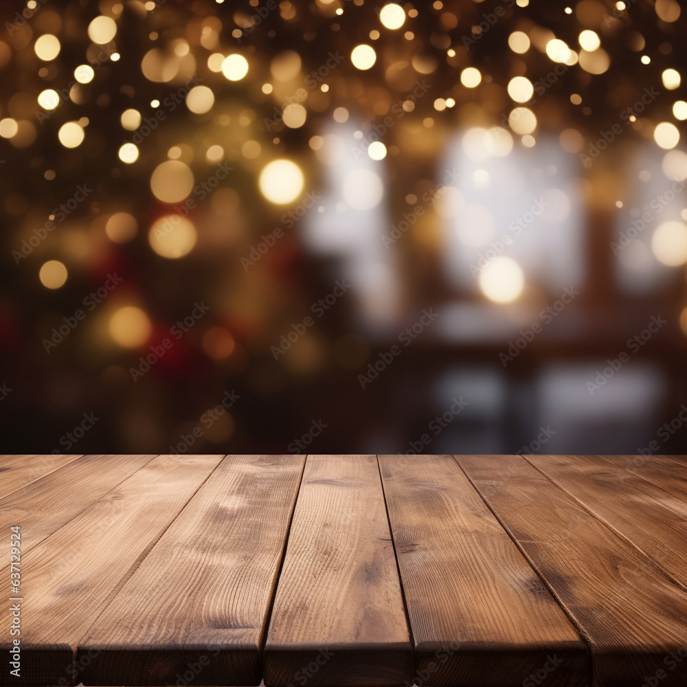 Empty Wooden table and blurred christmas background food display or montage, ai generative
