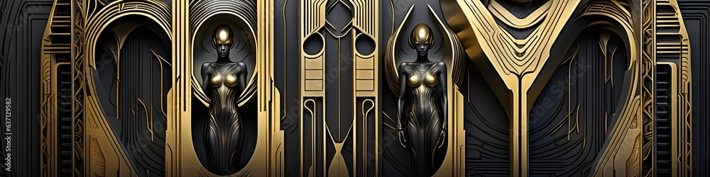 Obraz premium Art Deco - Banner - Fiktives Relief mit Statuen in schwarz und gold