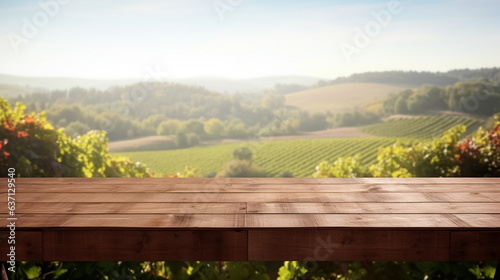 Wooden table and blurred vineyard in a background, product display, ai generative