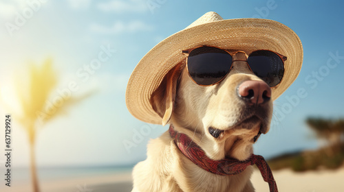 Cool looking  labrador retriever  wearing sunglasses and tilted straw hat. Beach and sea background with copyspace. Stylish animal posing as supermodel. Digital illustration generative AI. © Tepsarit