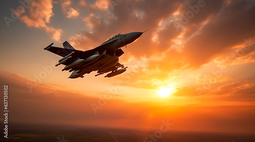 flying over the cities at sunset jet fighter f16 with great speed.Patrol of military combat aviation, protection of state borders concept. AI generated