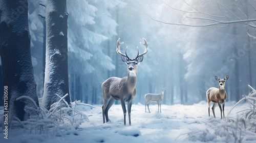 Herd of White Reindeer against the backdrop of a fabulous winter, snowy forest, bokeh and copy space. illustration. Christmas card with copy space.