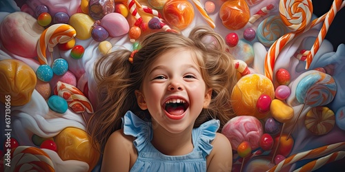 illustration of a little girl is laughing along with many candies, generative AI