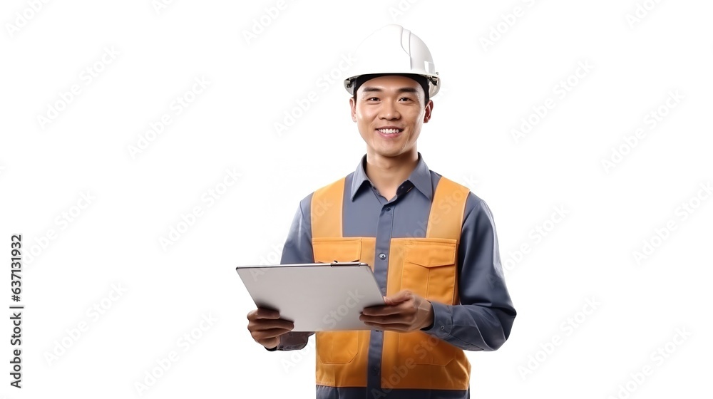 Smiling engineer man holding clipboard and pencil at a construction site Smiling engineer man holding clipboard and pencil at a construction site