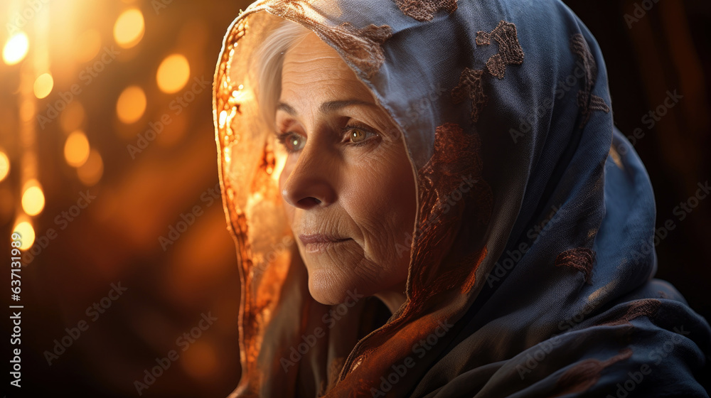 A close-up portrait of an elderly Muslim woman in a vibrant-colored hijab, perhaps holding prayer beads, with a serene expression. A close-up portrait of an elderly Muslim woman in a vibrant-colored hijab, perhaps holding prayer beads, with a serene expression.
