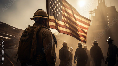 Construction workers raising the American flag on a construction site, symbolizing the patriotism and hard work of laborers on Labor Day.