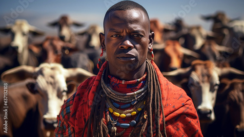 Masai herder surrounded by cattle or goats, wearing brightly colored shawls and beaded jewelry, with the African savannah in the background. photo