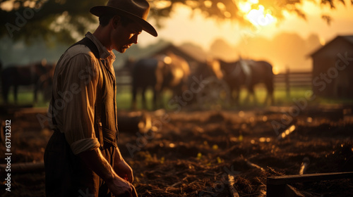 An Amish man or woman tending to farm animals or engaged in carpentry.
