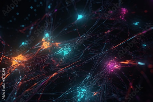 A network of multi-colored rainbow neurons on a dark background. Internet. Generative AI