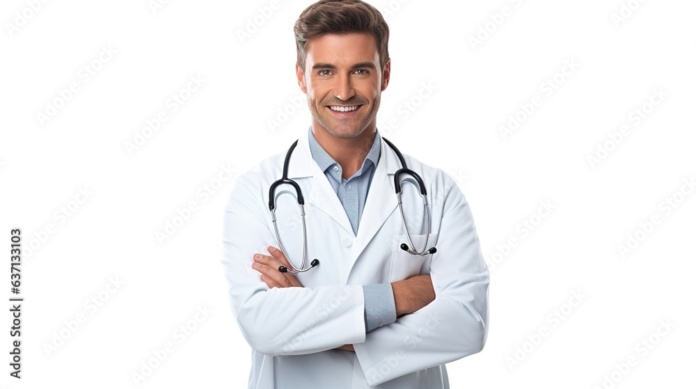 Portrait of a confident male doctor standing with a stethoscope, wearing a professional uniform, and smiling
