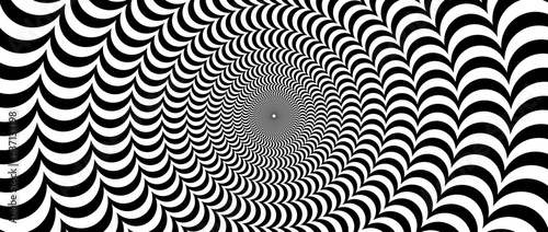 Radial optical illusion background. Black and white abstract rotating semi circles surface. Poster, banner, template design. Spinning arc spiral illusion wallpaper. Vector horizontal illustration