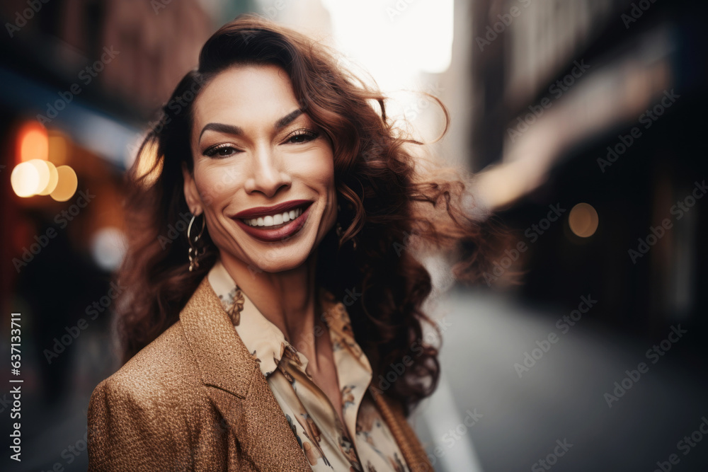 Happy young trans woman toothy smile with confidene on street - obrazy, fototapety, plakaty 