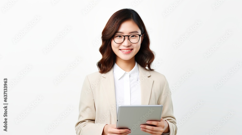 Fototapeta premium Confident Businesswoman: A professional Asian woman in a beige blazer and white shirt exudes confidence as she looks directly at the camera, holding a tablet.