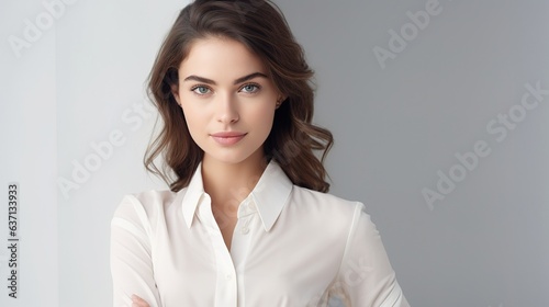 businesswoman with a warm smile poses for a professional portrait in a studio
