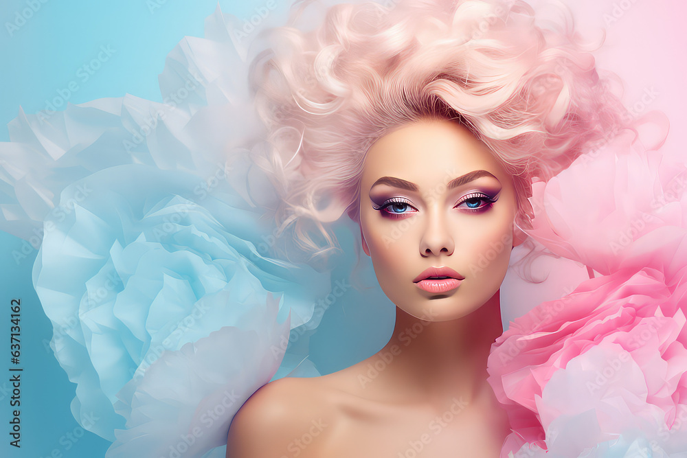 Beautiful young woman portrait, elegance style, summer banner, bright pink and pastel blue color palette. 