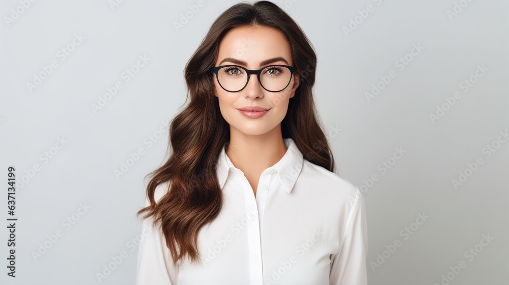 portrait of a business woman wearing glasses looking at the camera isolated on grey background
