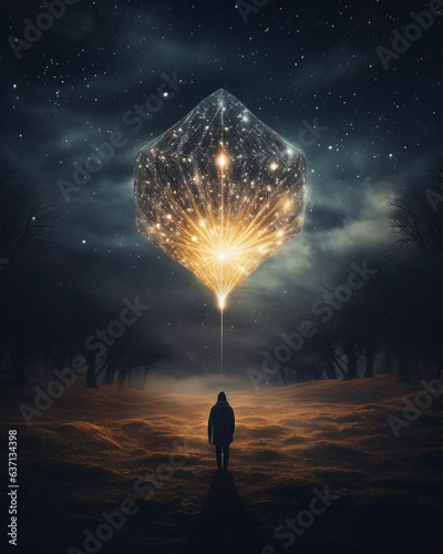 Silhouette of person at night in front of triangular light sculpture