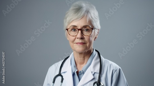 portrait of senior doctor isolated on grey background
