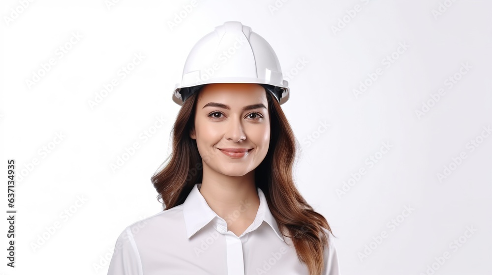 Smiling female architect in yellow hardhat at construction site Smiling female architect in yellow hardhat at construction site