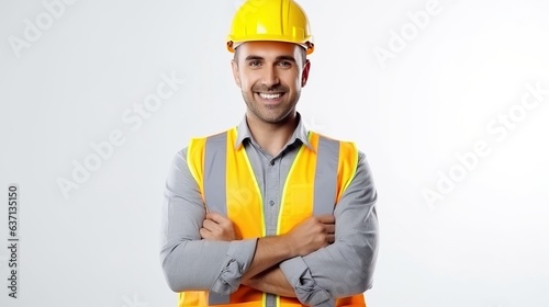 Portrait of a construction worker in a yellow hardhat, symbolizing the dedication and safety of the building industry