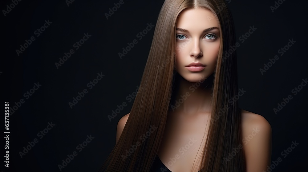 Close-up portrait of a brunette model with long, dark hair and dramatic makeup accentuates her sensuality Close-up portrait of a brunette model with long, dark hair and dramatic makeup accentuates her sensuality