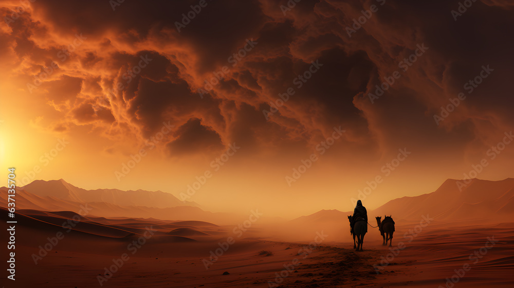 camels walking in sand dunes
