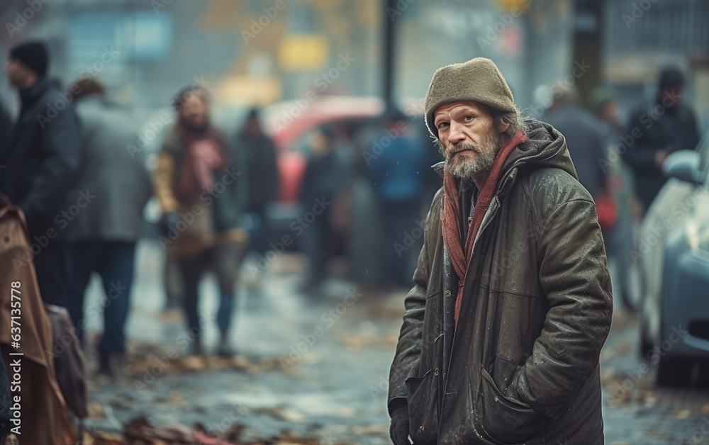 A homeless man on the street. Problems of large modern cities. poverty, wealth.