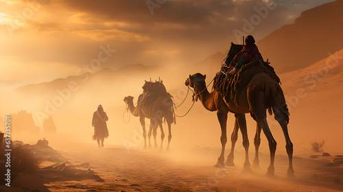 Camels in desert  people riding camels  desert background  dust  sand  sandy wind
