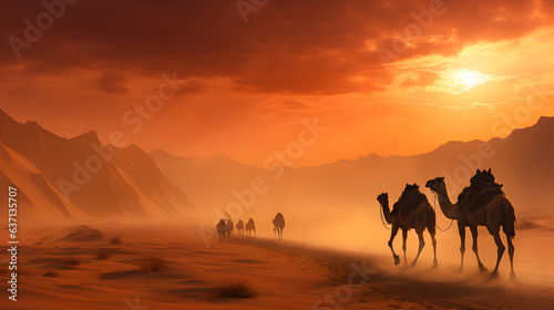 Sunset desert and walking camel