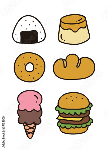 Hand drawn illustration of food objects in doodle style. Rice balls, puddings, donuts, bread, ice cream, hamburgers.