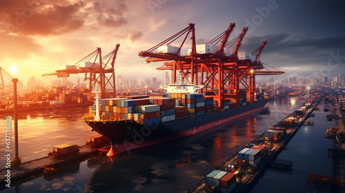 Logistics and transportation of Container Cargo ship and Cargo plane with working crane bridge in shipyard at sunrise, logistic import export and transport industry background,