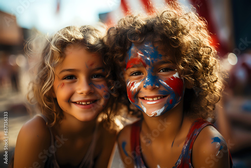 children celebrate US Independence Day, patriot children with face painting in the colors of the American flag