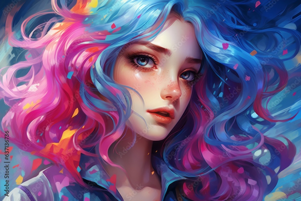 dreamy anime girl with vibrant hair, immersed in futuristic world, Generative AI