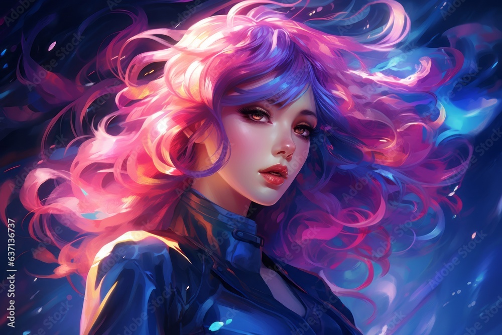 dreamy anime girl with vibrant hair, immersed in futuristic world, Generative AI