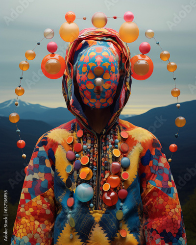 Surreal human with mask of circles