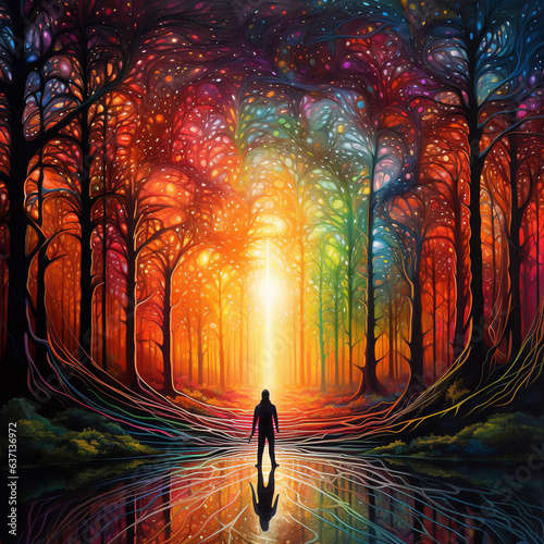 Human Silhouette in rainbow forest