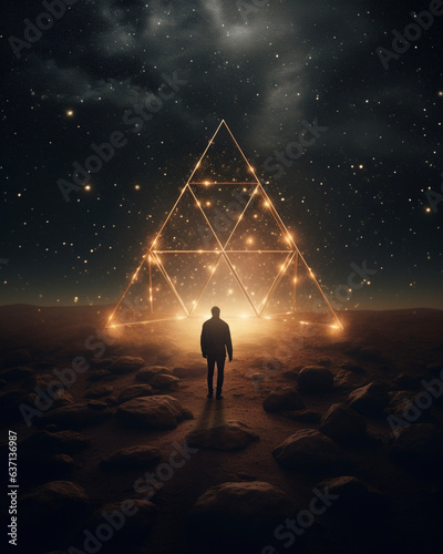 Human silhouette standing before triangular light sculpture