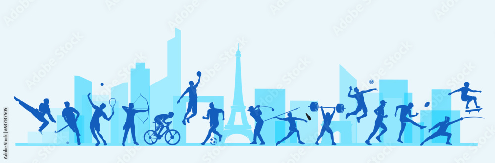 Great editable vector file of olympic multisport players silhouette in the front of paris skyline with classy and unique style best for your digital design and print mockup - obrazy, fototapety, plakaty 