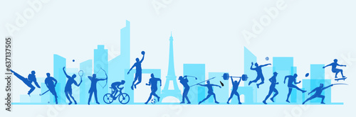 Great editable vector file of olympic multisport players silhouette in the front of paris skyline with classy and unique style best for your digital design and print mockup photo