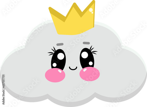 Cute happy kawaii cloud face with a crown. Cartoon weather illustration elements for children. PNG isolated on a transparent background