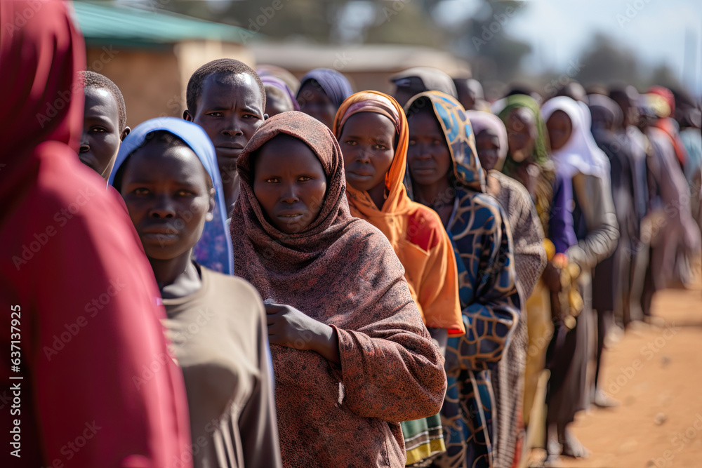 Poor Black Villagers Standing In A Line Poverty And Social Issues 
