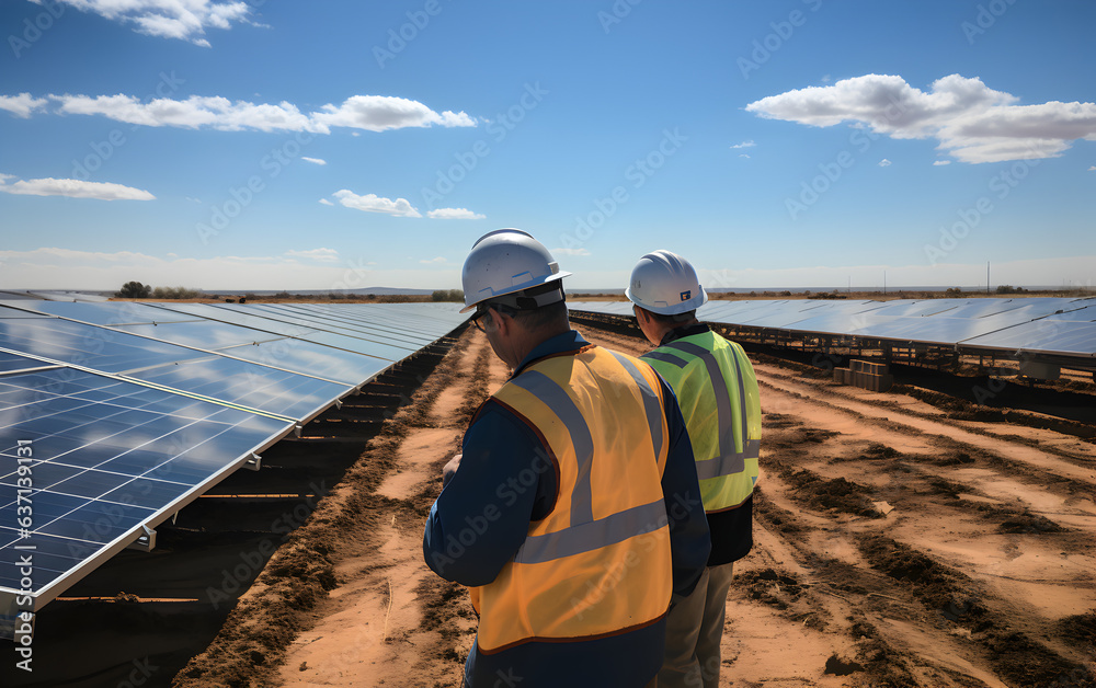 view from behind workers building a solar panel field in the desert view from behind workers building a solar panel field in the desert