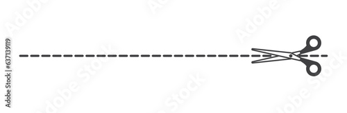 The scissors icon. Cut here symbol. Scissors and dotted line. Flat Vector illustration. Cut Here Scissors. Silhouettes of Vector scissors with "Cut Here" dashed lines. Isolated on white background,.