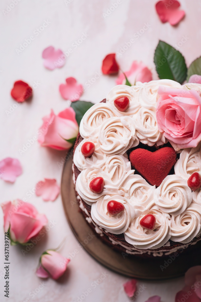 Cute birthday cake pink color with roses and hearts, Sweet cake for a surprise birthday, mother's Day, Valentine's Day Cute birthday cake pink color with roses and hearts, Sweet cake for a surprise birthday, mother's Day, Valentine's Day