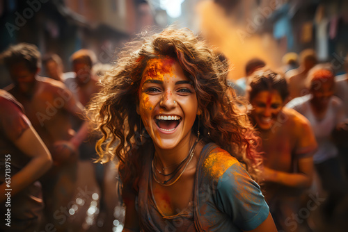 a young expressive girl all in loose colored dry paints during the Holi festival of colors - traditional in India