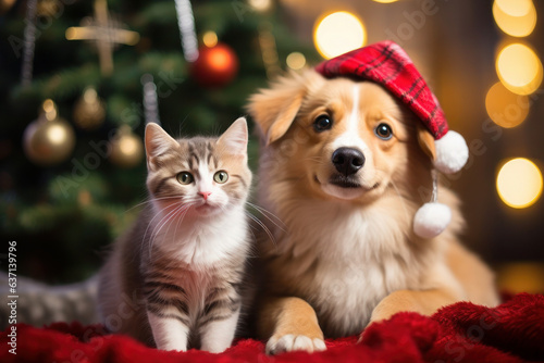 cat and dog near the Christmas tree. christmas pets. happiness, celebration and fun. furry animals.