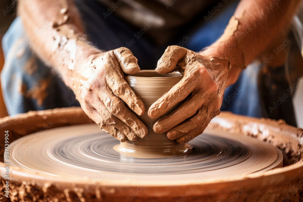 dirty male hands sculpt mug with ceramic clay on potter's wheel. hobby and needlework for men. fascinating craft dirty male hands sculpt mug with ceramic clay on potter's wheel. hobby and needlework for men. fascinating craft
