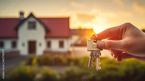 A hand holds a key against the background of the house. Real estate acquisition concept.